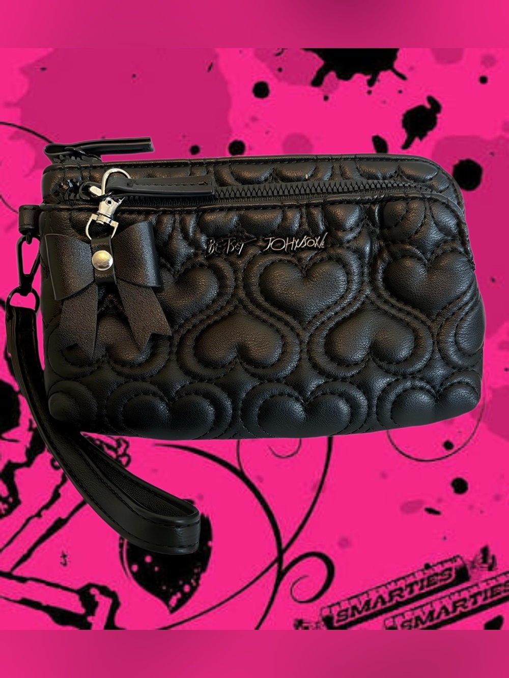 Betsey Johnson Black Quilted Heart Wristlet Clutch with Bow Charm